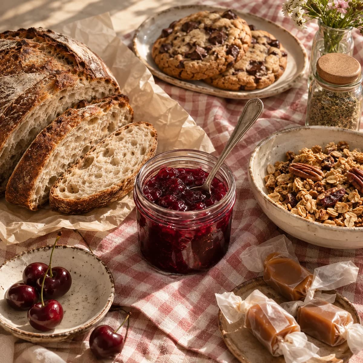 Cherry preserves, granola, homemade caramels, bread and herbs on a sunlit gingham tablecloth
